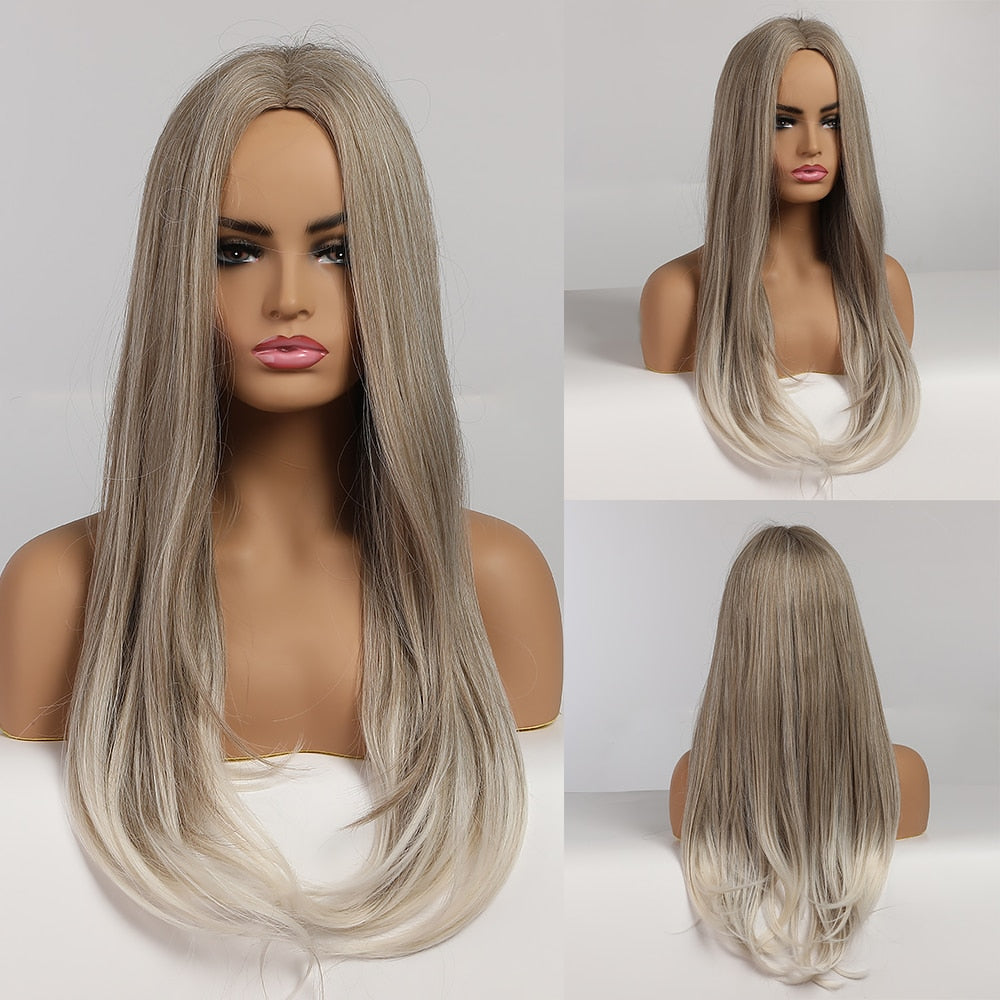 Long Wavy Brown to Light Blonde Ombre Hair Wigs Middle Part Natural Synthetic Wigs for Black Women Cosplay Heat Resistant Wigs