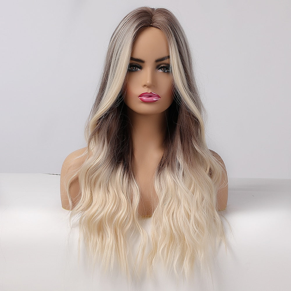 Long Wavy Brown to Light Blonde Ombre Hair Wigs Middle Part Natural Synthetic Wigs for Black Women Cosplay Heat Resistant Wigs