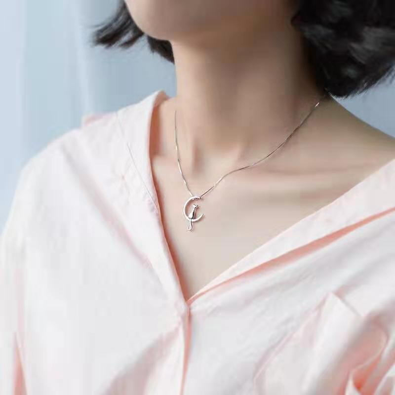Sterling Silver Cat Charm Pendant Necklaces for Women New Fashion Jewelry Small Chokers Necklaces Fine Jewelry
