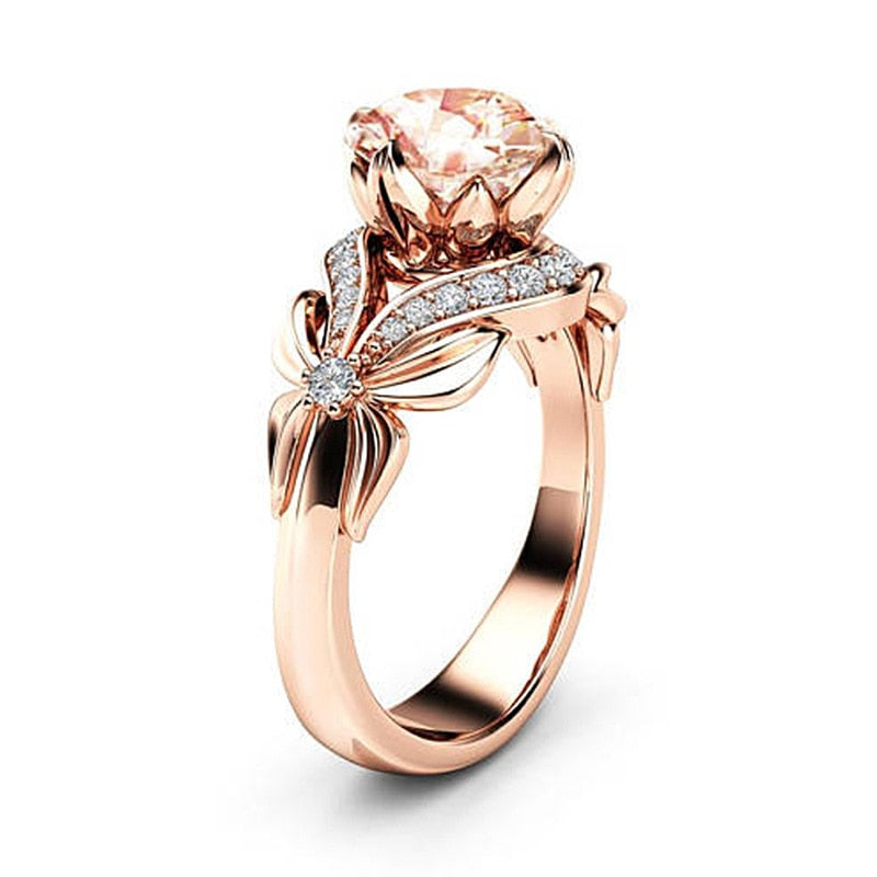 Best Selling Valentine's Day Rose Gold Flower Crystal Christmas Gifts 1PC Zircon Female Ring Couple Bowknot Cubic Zirconia
