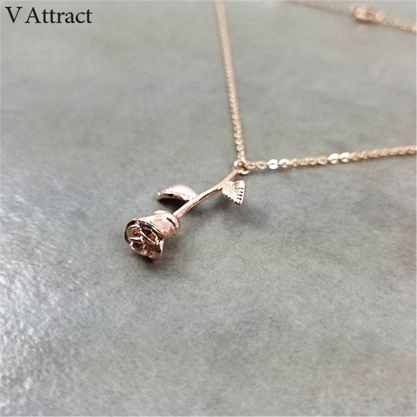 V Attract Collier Femme Stainless Steel Long Chain Collier Pink Rose Flower Statement Necklace Women Jewelry Maxi Choker