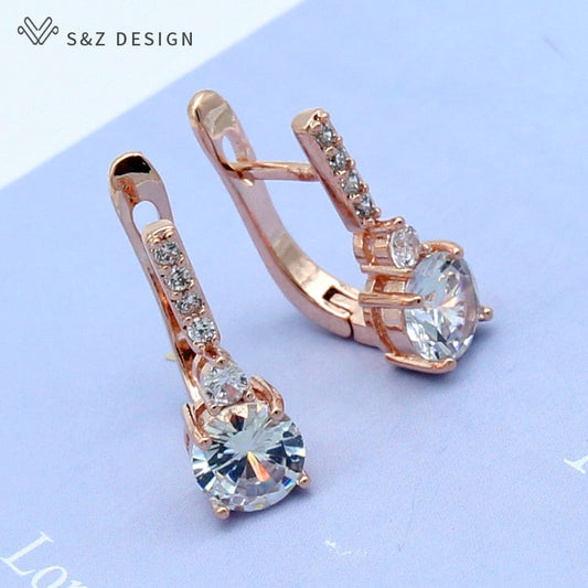 S&Z Round Micro Wax Inlay Cubic Zirconia Dangle Earrings 585 Rose Gold