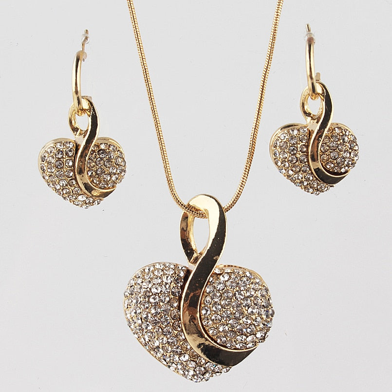 Fashion Jewelry Luxury Gold-color Romantic Austrian Crystal heart shape Chain Necklace Earrings Jewelry Sets