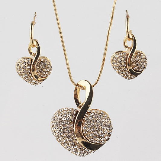 Fashion Jewelry Luxury Gold-color Romantic Austrian Crystal heart shape Chain Necklace Earrings Jewelry Sets