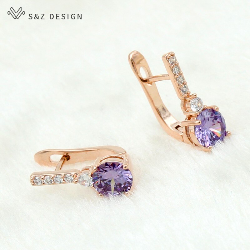 S&Z Round Micro Wax Inlay Cubic Zirconia Dangle Earrings 585 Rose Gold