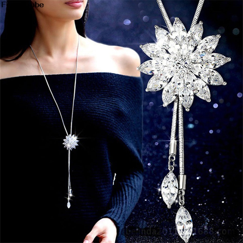 Snowflake Long Necklace Sweater Chain Fashion Fine Metal Chain Crystal Rhinestone Flower Pendant Necklaces Adjusted