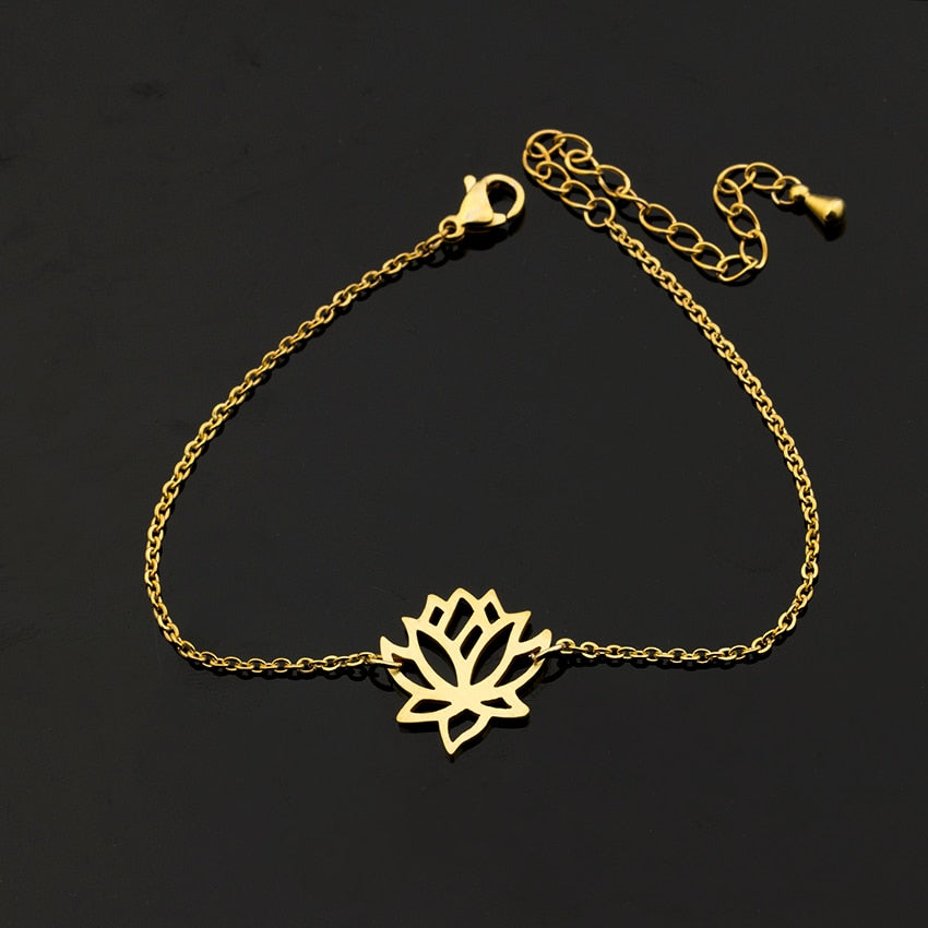 Stainless Steel Gold Charm Healing Lucky Lotus Flower Bracelets For Women Boho Jewellery Delicate Chain Yoga Bracelet