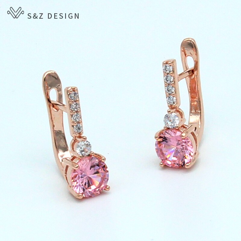 S&Z Round Micro Wax Inlay Cubic Zirconia Dangle Earrings 585 Rose Gold