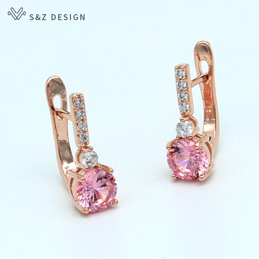 S&Z Round Micro Wax Inlay Cubic Zirconia Dangle Earrings 585 Rose Gold