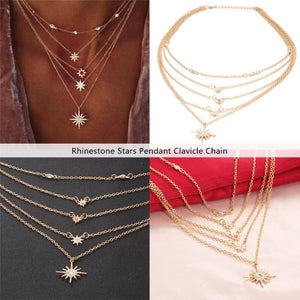 Fashion Simple Rhinestone Stars New Years Pendant Clavicle Chain Elegant Casual Women Multilayer Necklace Adjustable Jewelry Gifts цепь