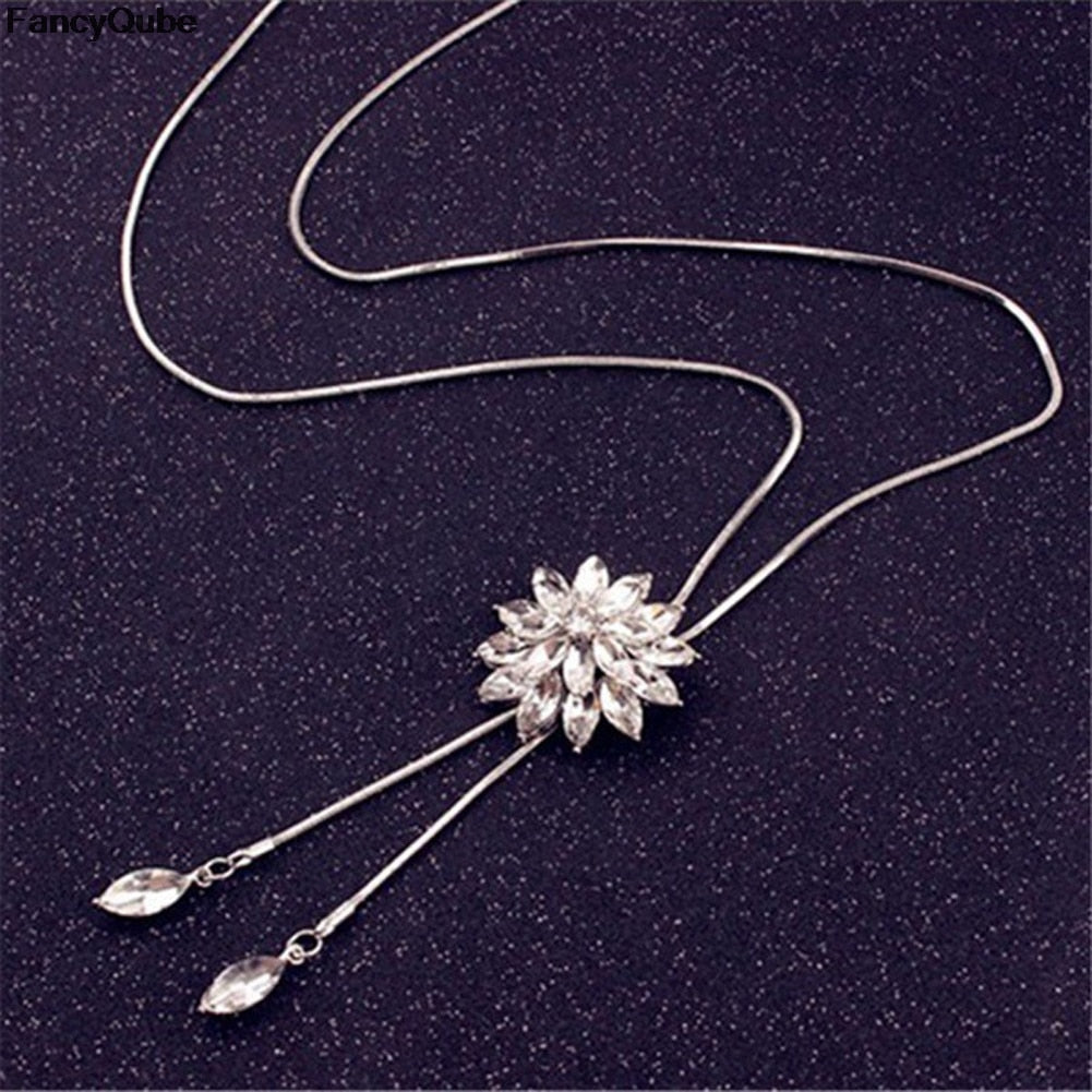 Snowflake Long Necklace Sweater Chain Fashion Fine Metal Chain Crystal Rhinestone Flower Pendant Necklaces Adjusted