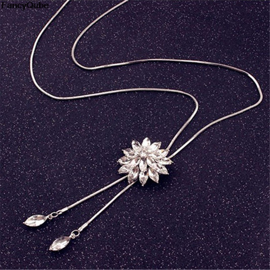 Snowflake Long Necklace Sweater Chain Fashion Fine Metal Chain Crystal Rhinestone Flower Pendant Necklaces Adjusted