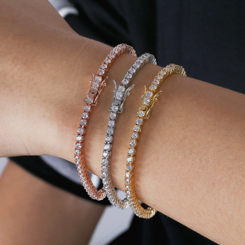 3mm-6mm Mens/Women  AAA+  Tennis Bracelet Hip Hop Jewelry Iced Out 1 Row Gold CZ Charms Bracelet For Gifts
