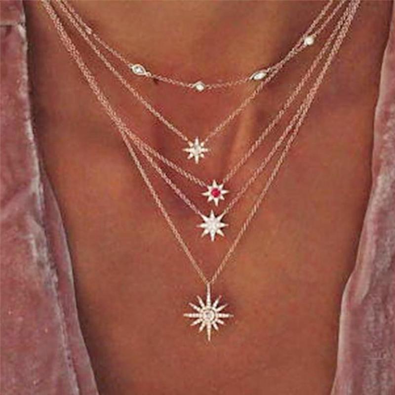 Fashion Simple Rhinestone Stars New Years Pendant Clavicle Chain Elegant Casual Women Multilayer Necklace Adjustable Jewelry Gifts цепь