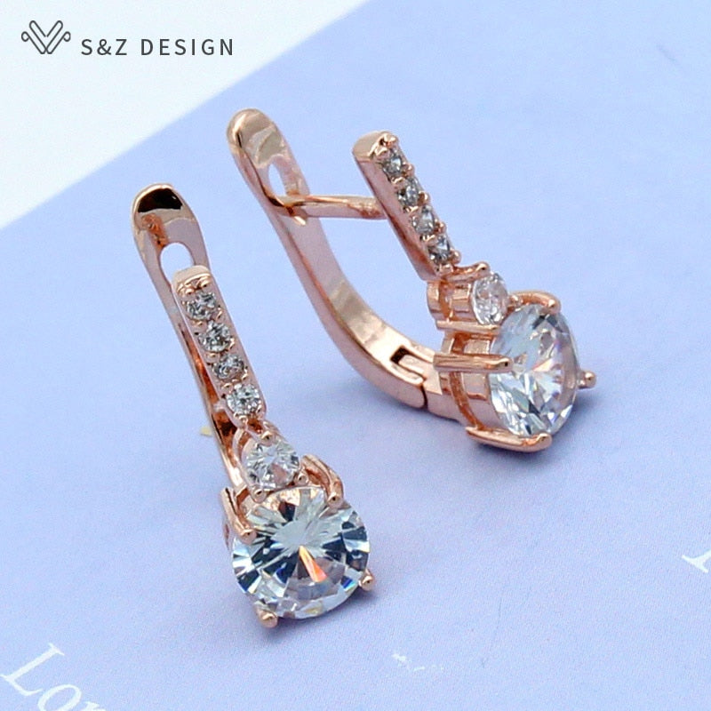 S&Z Round Micro Wax Inlay Cubic Zirconia Dangle Earrings 585 Rose Gold