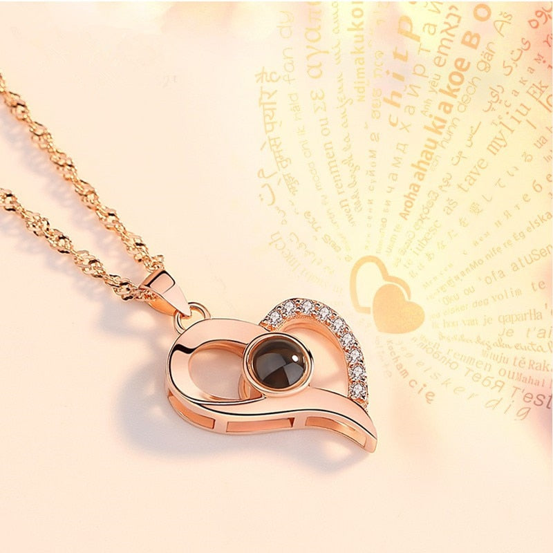 New 100 languages I love you Projection Pendants Necklaces Rose Gold Chain Heart Shape Letter Necklace bff