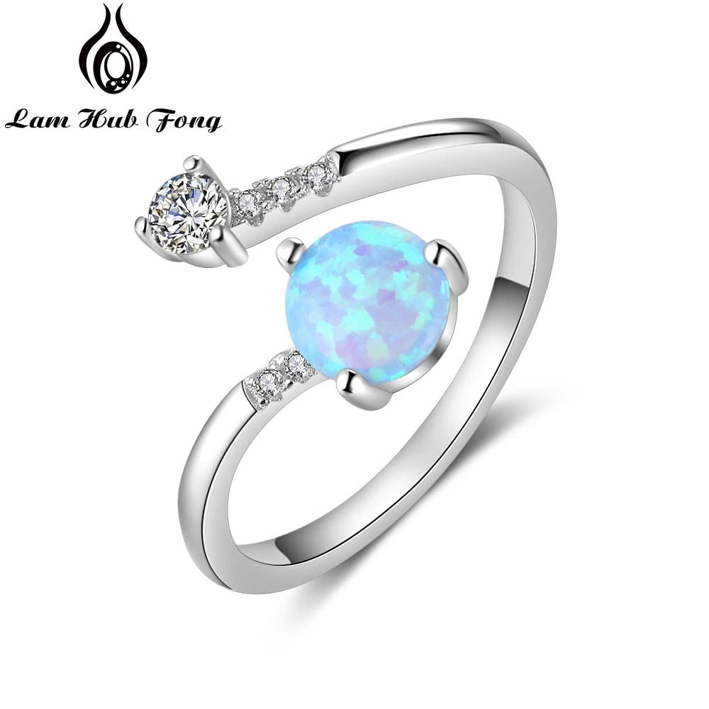 Round Blue Opal Rings for Women Cubic Zirconia Adjustable Wrap Ring Wedding Jewelry