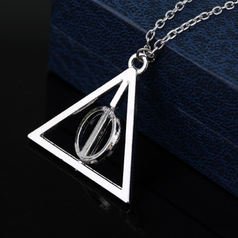 Fashion Long Necklaces Deathly Hallows Pendant Necklace Triangle Rotatable intermediate Resurrection Stone Necklaces