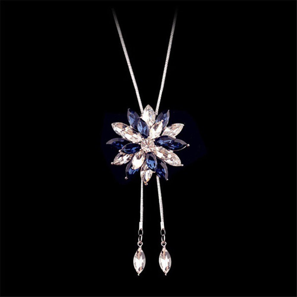 Snowflake Long Necklace Sweater Chain Fashion Fine Metal Chain Crystal Rhinestone Flower Pendant Necklaces Adjusted