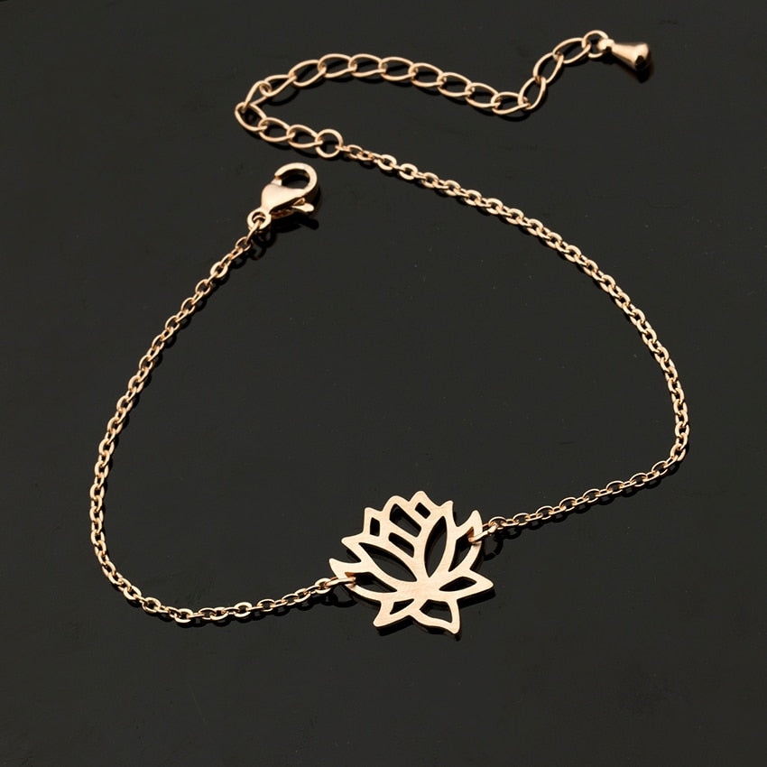Stainless Steel Gold Charm Healing Lucky Lotus Flower Bracelets For Women Boho Jewellery Delicate Chain Yoga Bracelet