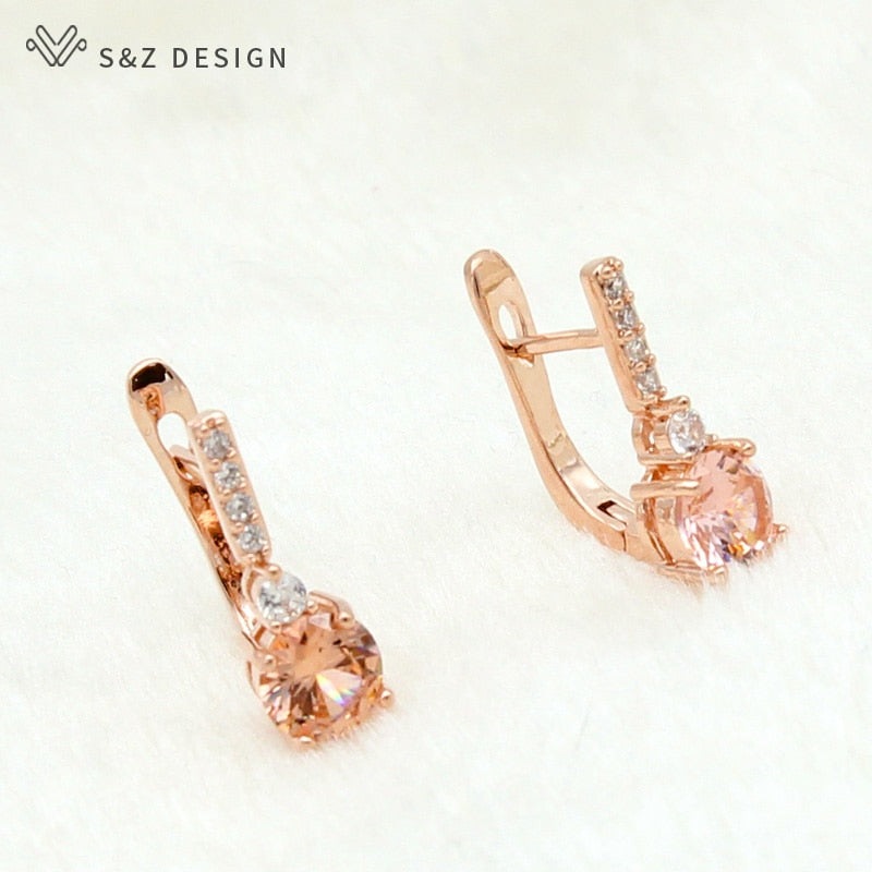 S&Z Round Micro Wax Inlay Cubic Zirconia Dangle Earrings 585 Rose Gold