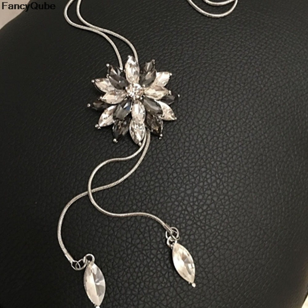 Snowflake Long Necklace Sweater Chain Fashion Fine Metal Chain Crystal Rhinestone Flower Pendant Necklaces Adjusted