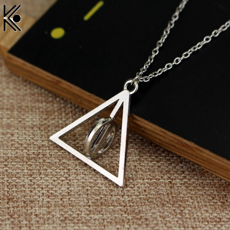 Fashion Long Necklaces Deathly Hallows Pendant Necklace Triangle Rotatable intermediate Resurrection Stone Necklaces