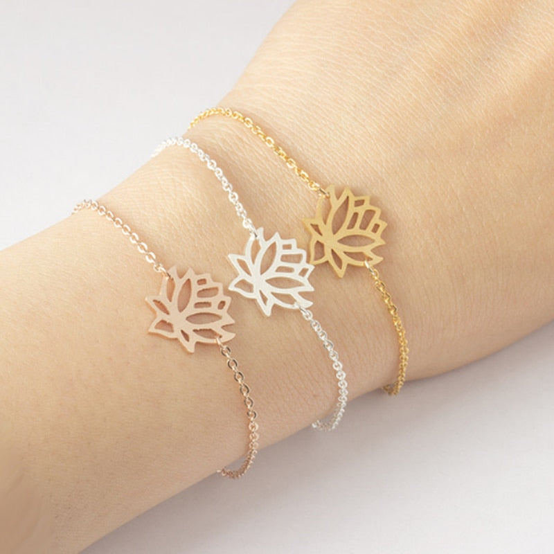 Stainless Steel Gold Charm Healing Lucky Lotus Flower Bracelets For Women Boho Jewellery Delicate Chain Yoga Bracelet