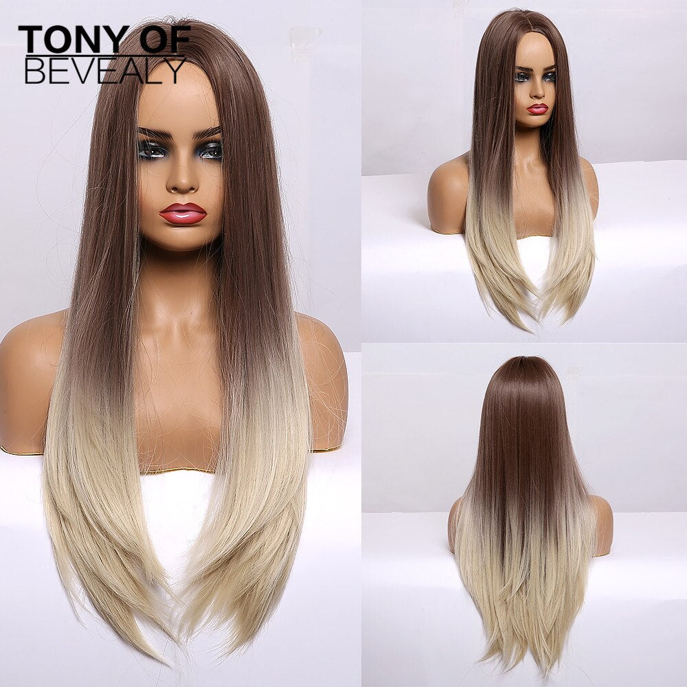 Long Wavy Brown to Light Blonde Ombre Hair Wigs Middle Part Natural Synthetic Wigs for Black Women Cosplay Heat Resistant Wigs