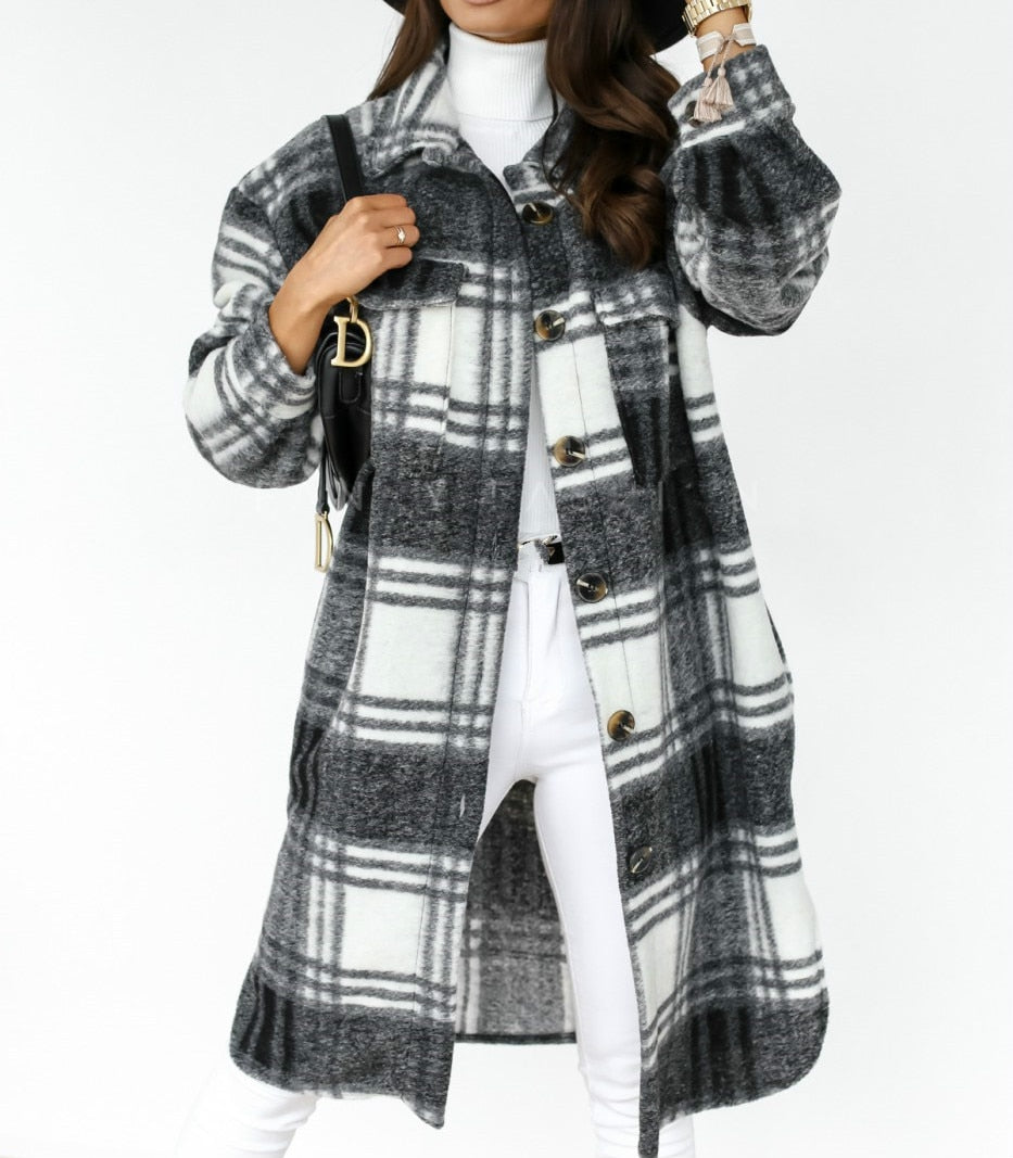 Women Checked Jacket Casual Turn Down Collar Plaid Long Coat Female Oversized Thick Warm Woolen Blends Overcoat