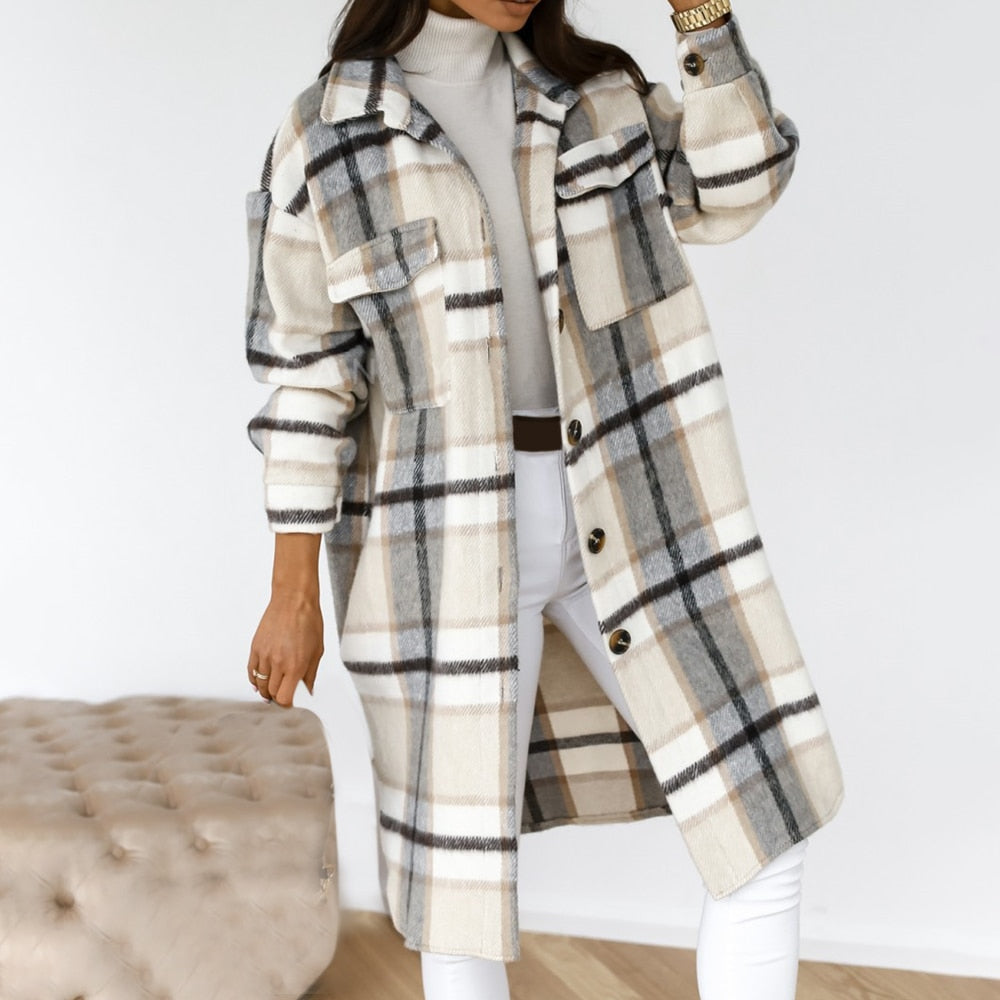 Women Checked Jacket Casual Turn Down Collar Plaid Long Coat Female Oversized Thick Warm Woolen Blends Overcoat