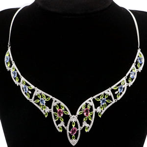 140x85mm Multi Color Created Peridot Tourmaline Violet Tanzanite CZ Fine Jewelry Silver Necklace 18.5-19.5inch