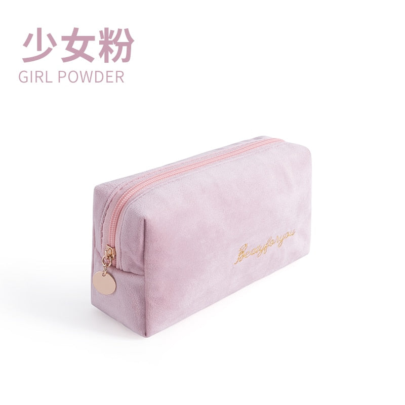 Women Cosmetic Bag Toiletries Tool Travel Organizer Solid Color Storage Easy carry Case Flannel Zipper Ladies Makeup Bag