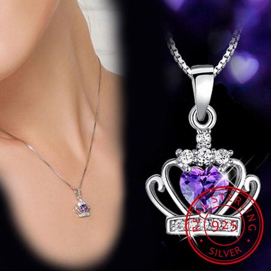 🌺✝Ashes to Beauty Sterling Silver Necklace Queen Princess Crystal Crown Zirconia Heart Pendant Necklace For Women 45cm Chain S-N98