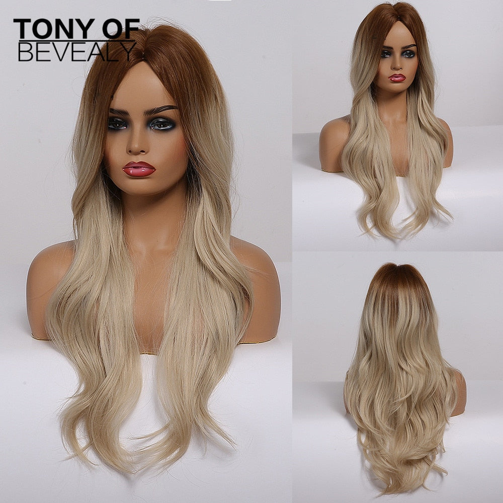 Long Wavy Brown to Light Blonde Ombre Hair Wigs Middle Part Natural Synthetic Wigs for Black Women Cosplay Heat Resistant Wigs