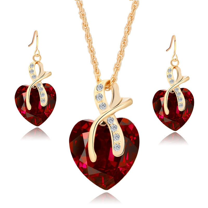Fashion Jewelry Luxury Gold-color Romantic Austrian Crystal heart shape Chain Necklace Earrings Jewelry Sets