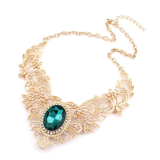 New Women Luxury Party Hollow Out Flower Oval Rhinestone Statement Bib Necklace Luxury Necklace, Oval Rhinestone, Hollow, Flower