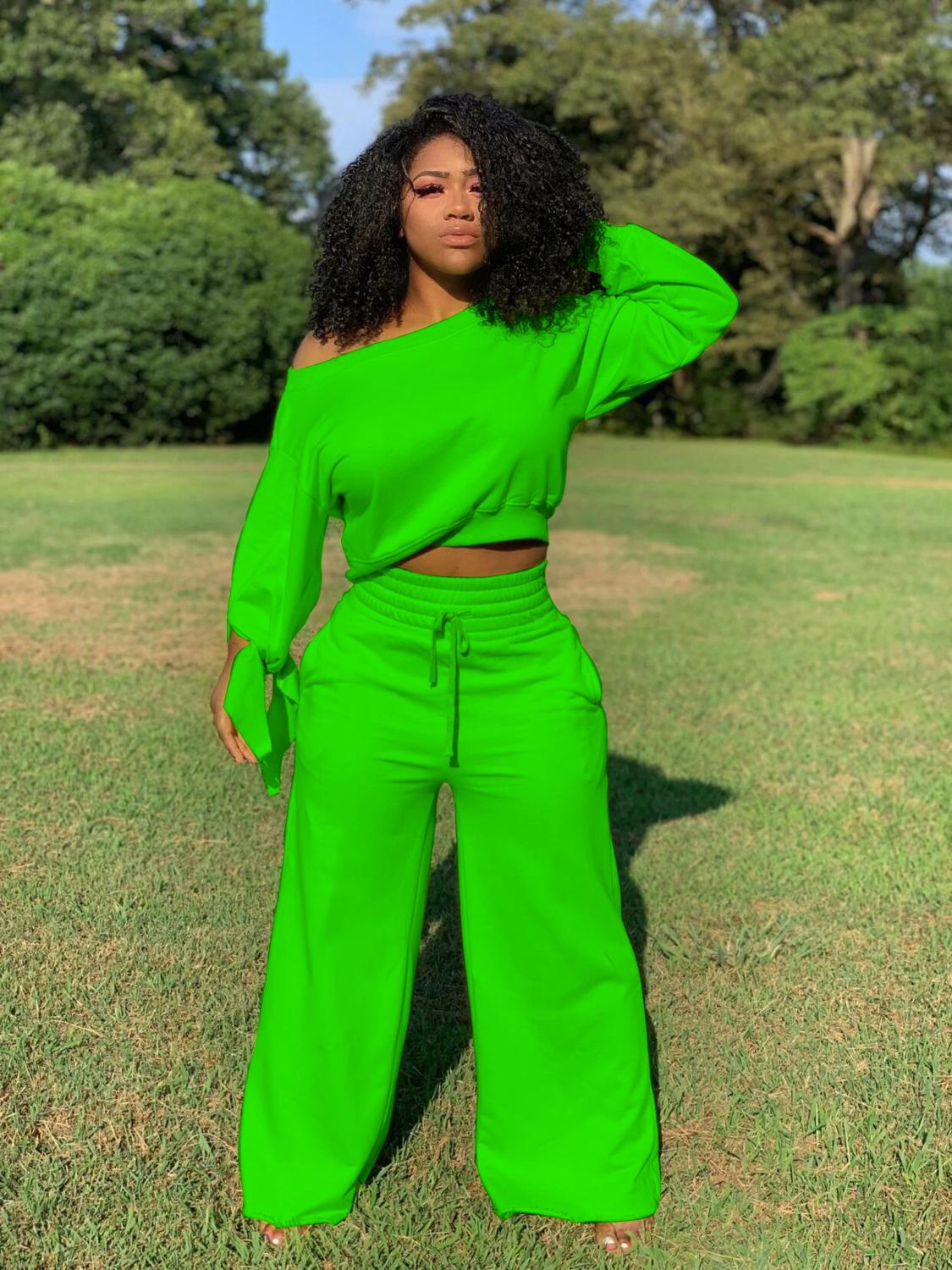 Long Sleeve Sexy Off Shoulder Crop Top Wide Leg Pants Two Piece Set lounge wear Casual Fashion Tracksuit  Outfit