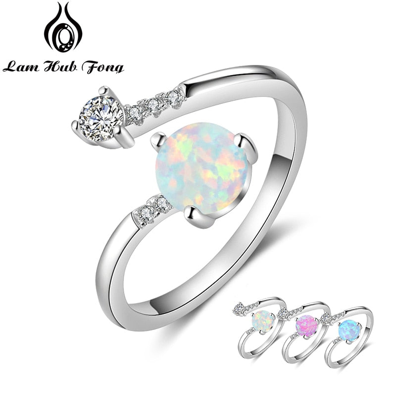 Round Blue Opal Rings for Women Cubic Zirconia Adjustable Wrap Ring Wedding Jewelry