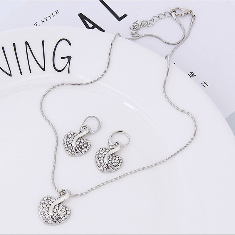 Fashion Jewelry Luxury Gold-color Romantic Austrian Crystal heart shape Chain Necklace Earrings Jewelry Sets