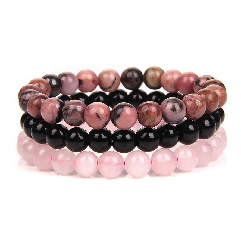 WAVE LENGTH Bracelets 8mm Natural Stone Bracelet Set 3Pcs/set Rhodonite Rose Pink Quartzs Moonstone Amethysts Hematite Bracelets For Women Men Jewelry