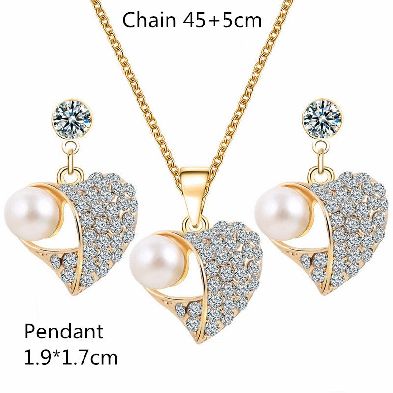 Fashion Jewelry Luxury Gold-color Romantic Austrian Crystal heart shape Chain Necklace Earrings Jewelry Sets