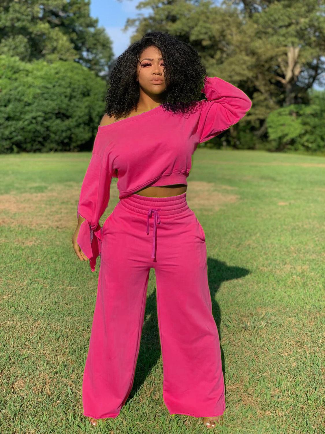 Long Sleeve Sexy Off Shoulder Crop Top Wide Leg Pants Two Piece Set lounge wear Casual Fashion Tracksuit  Outfit