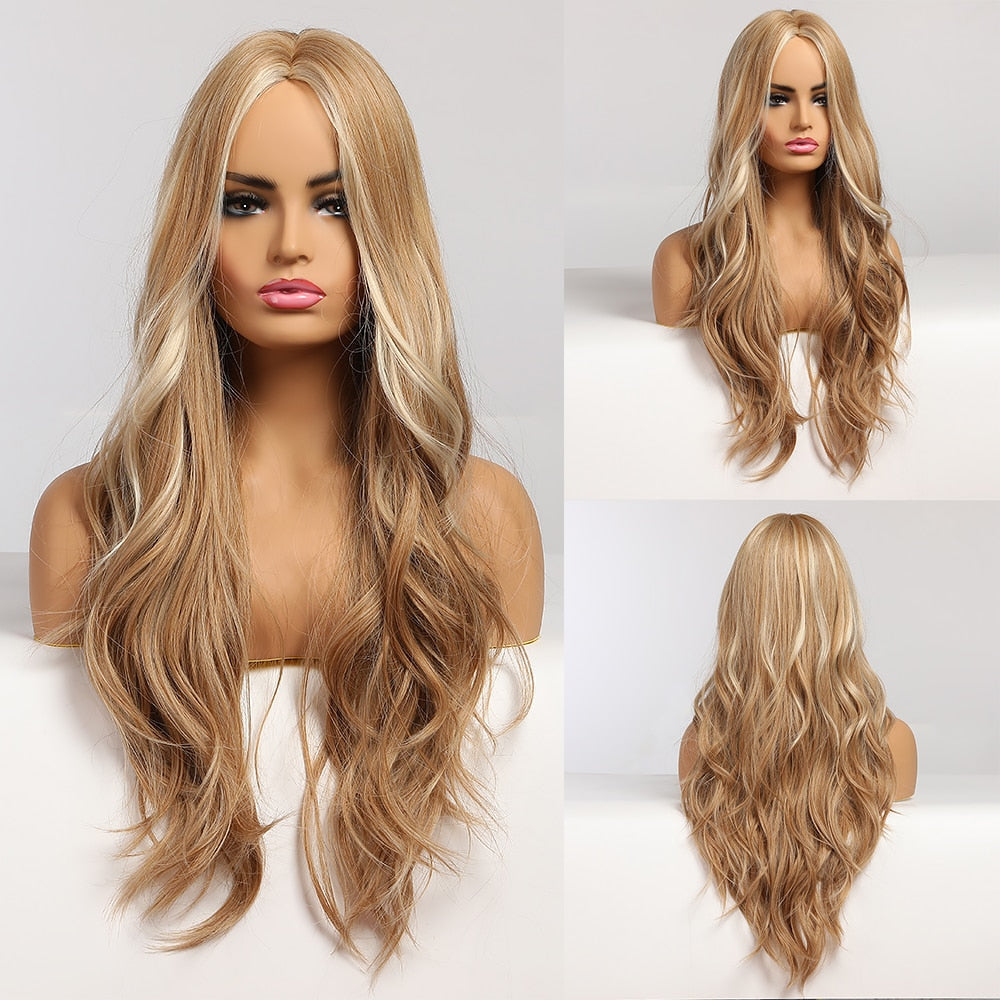 Long Wavy Brown to Light Blonde Ombre Hair Wigs Middle Part Natural Synthetic Wigs for Black Women Cosplay Heat Resistant Wigs