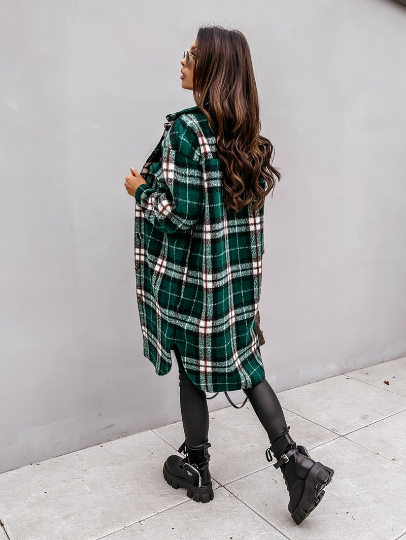 Women Checked Jacket Casual Turn Down Collar Plaid Long Coat Female Oversized Thick Warm Woolen Blends Overcoat