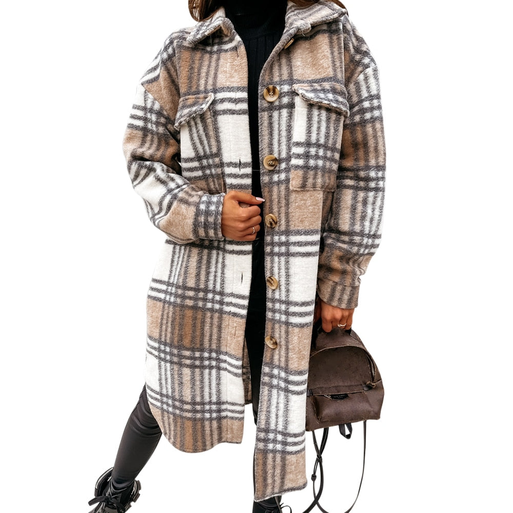 Women Checked Jacket Casual Turn Down Collar Plaid Long Coat Female Oversized Thick Warm Woolen Blends Overcoat