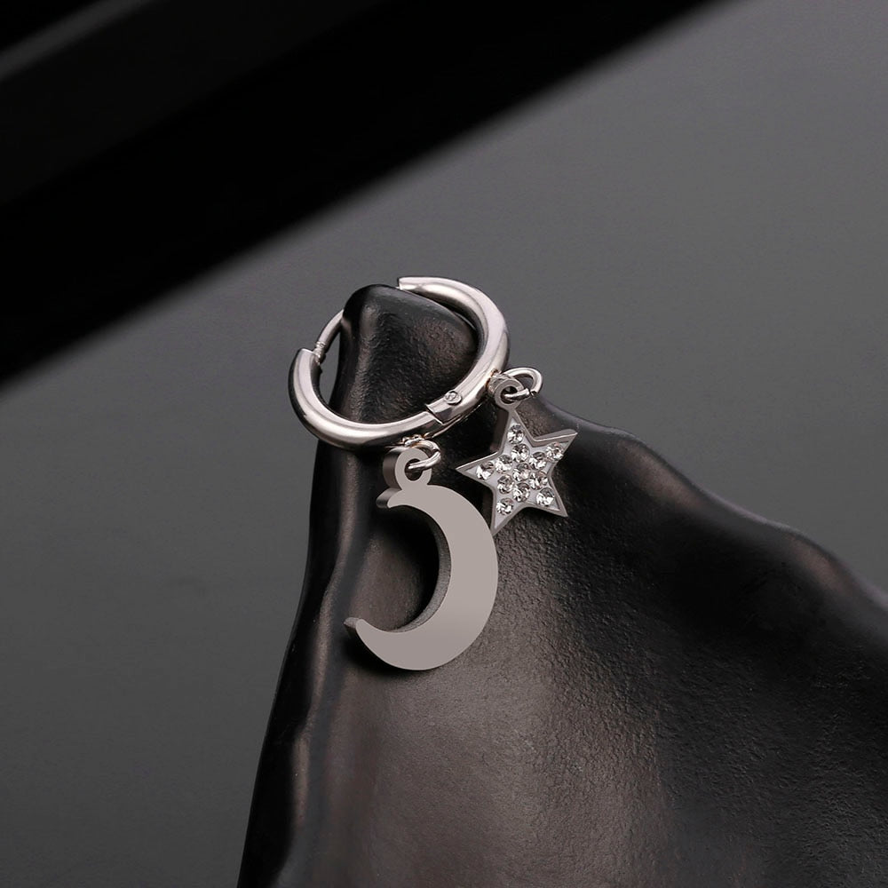 Star Moon Earrings for Women Stainless Steel Small Circle Ear Hoops Earrings Mosaic Cubic Zircon Pendant Jewelry Wedding Gift