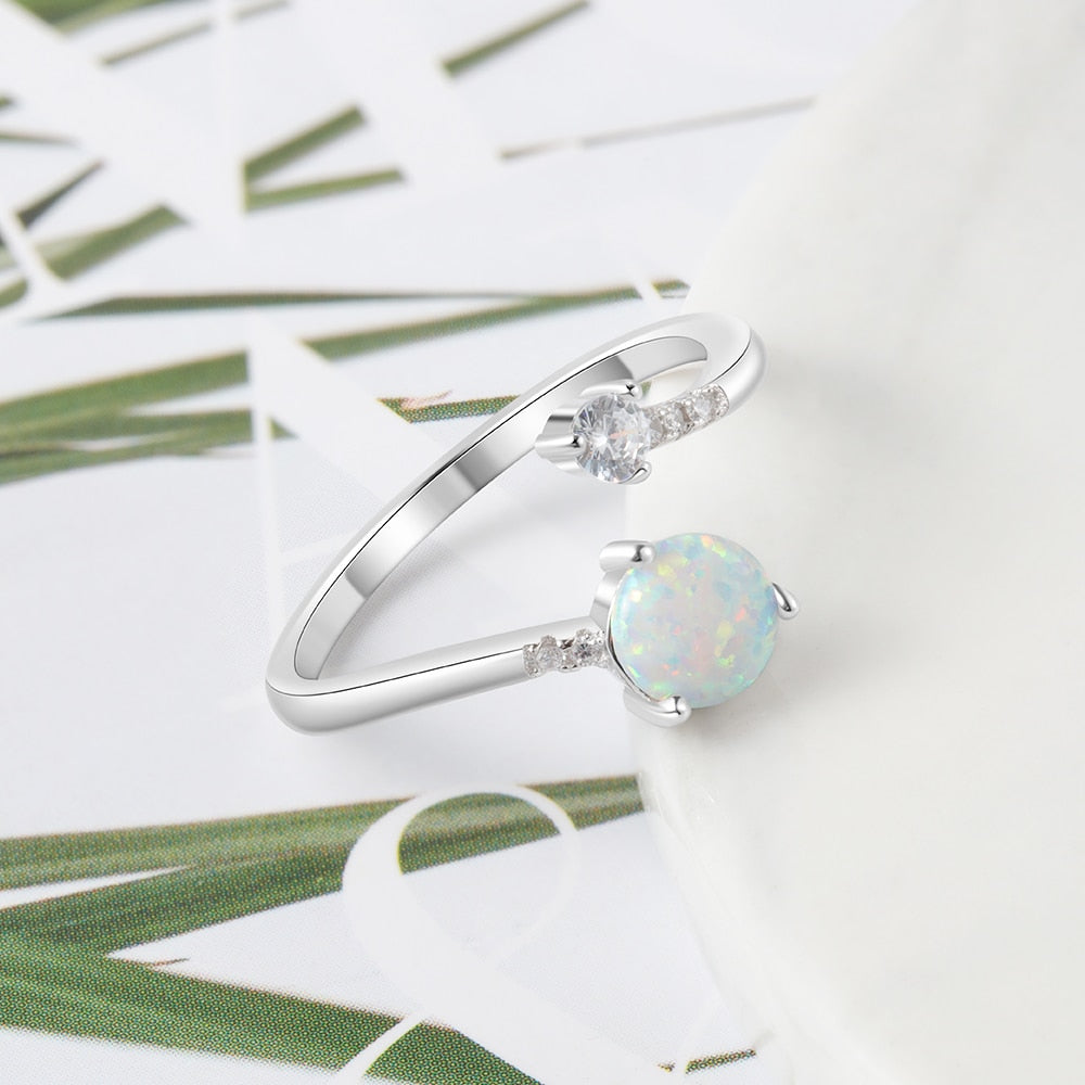 Round Blue Opal Rings for Women Cubic Zirconia Adjustable Wrap Ring Wedding Jewelry