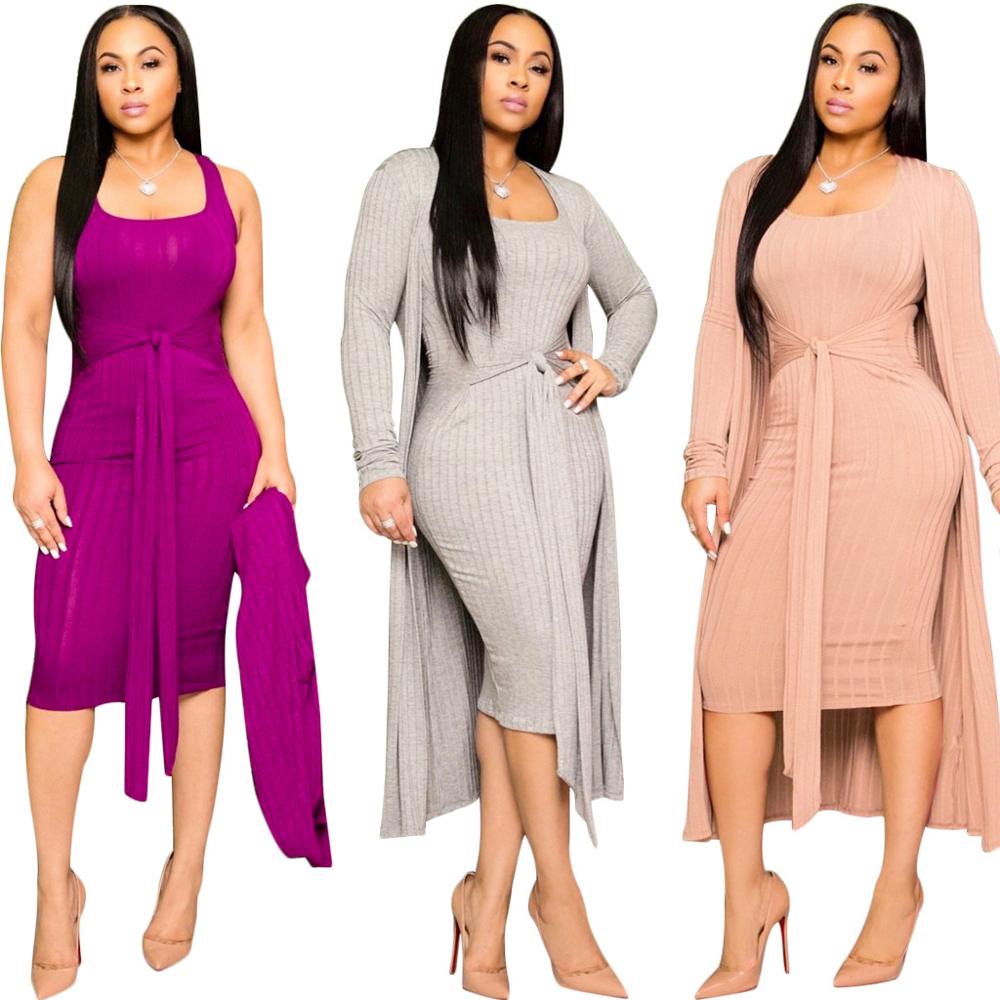 Knitted Sweater Bodycon Sleeveless Dress Long Cardigans Coat 2 Piece Set Ribbed Dress Belt