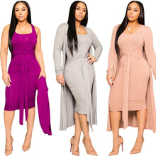 Load image into Gallery viewer, Knitted Sweater Bodycon Sleeveless Dress Long Cardigans Coat 2 Piece Set Ribbed Dress Belt
